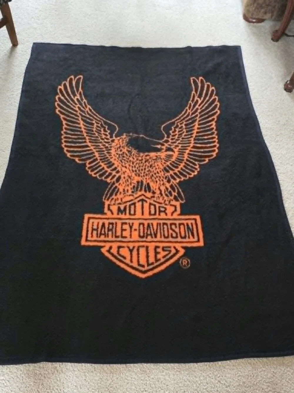 HARLEY DAVIDSON BLANKET BIEDERLACK REVERSIBLE EAGLE BLACK ORANGE 76 X 54 USA
